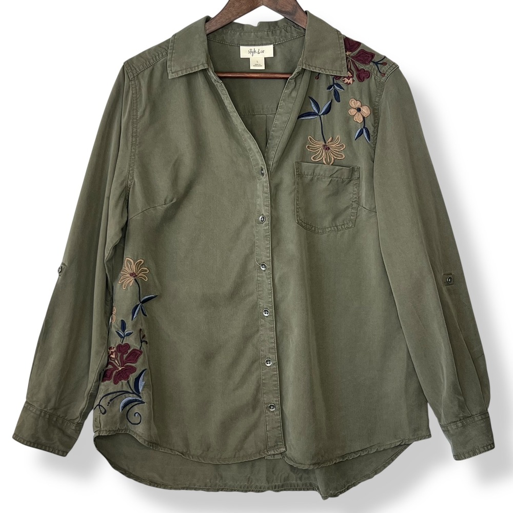 Style & Co‎ L Olive Green Floral Embroidered Soft Button Up Blouse Boho Granola